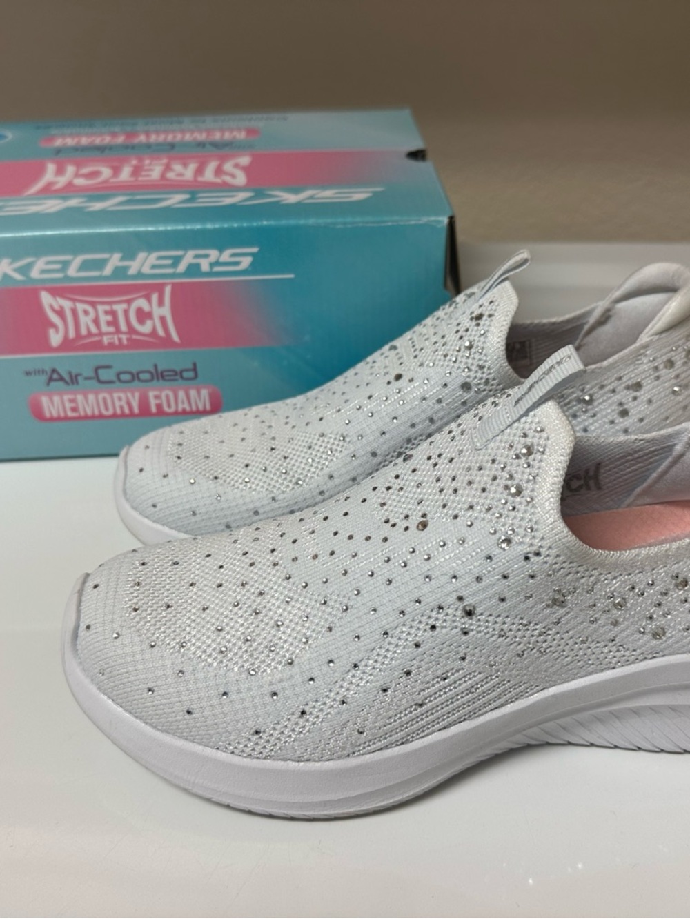 Skechers White Slip-On Stretch Knit Sneakers with Silver Rhinestones